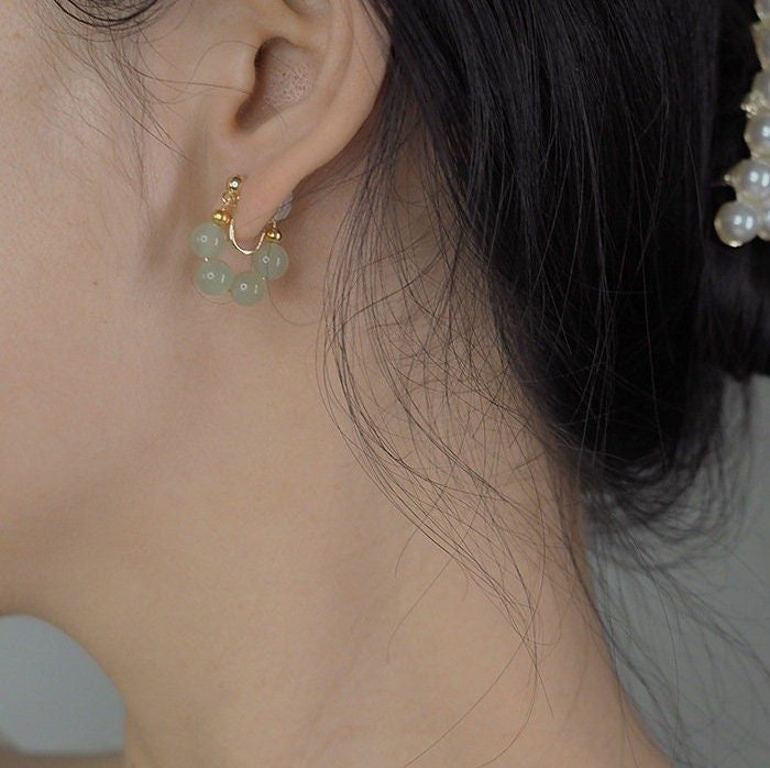 Natural Jade Earrings, Jade Beads Hood Earring, clip-on Earrings, Hetian Jade Earrings, Light Green Jade Earrings, Natural Nephrite Jade