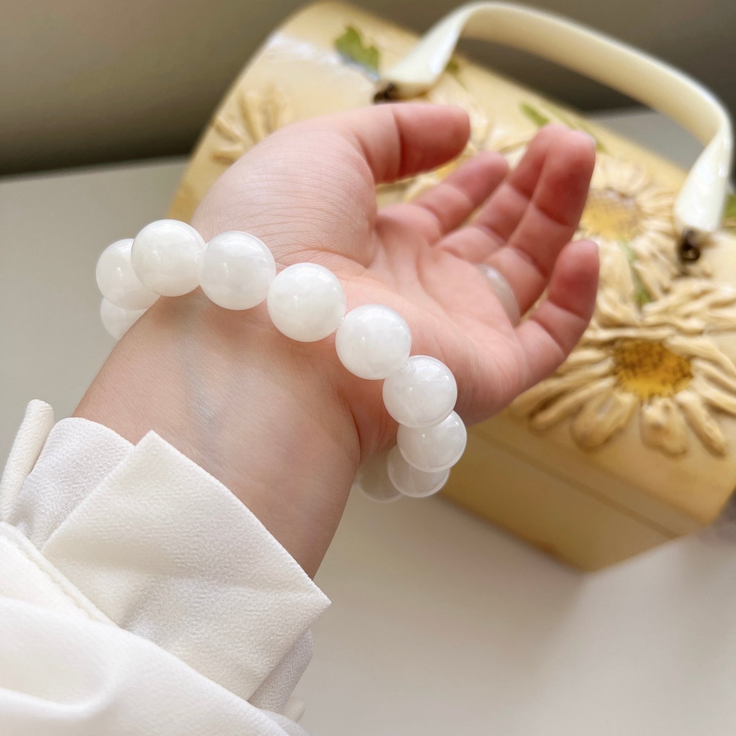 14mm White Hetian Jade Elastic Bracelet, Men woman Nephrite Stretch Bracelets, High Quality Large Size Jade Breads Bracelet 田白玉手串