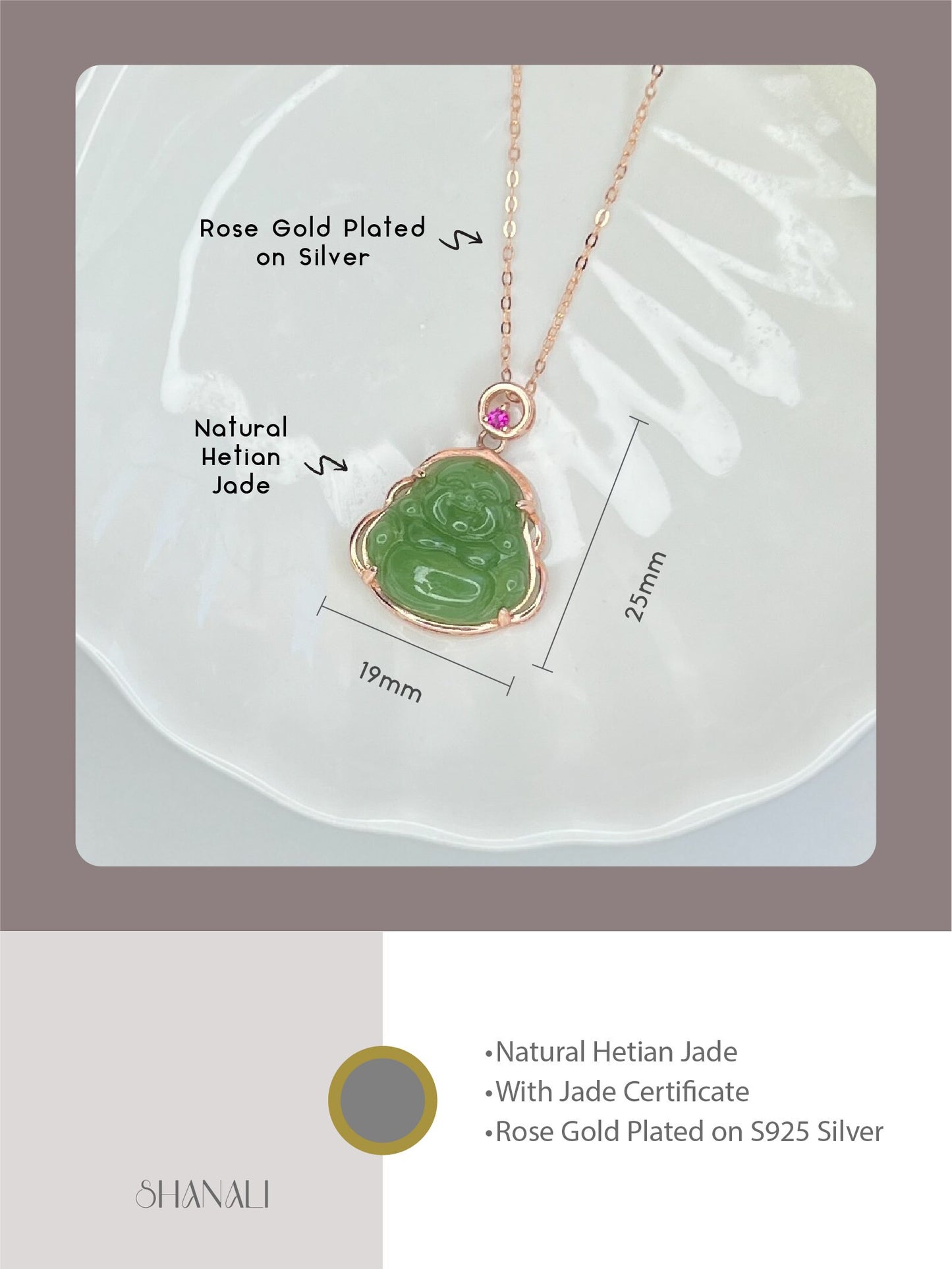 Jade Buddha Pendant, Hetian Jade Pendant Necklace, Dainty Natural Jade Necklace, Rose Gold Plated on S925 Silver Chain, Buddhist Jewelry