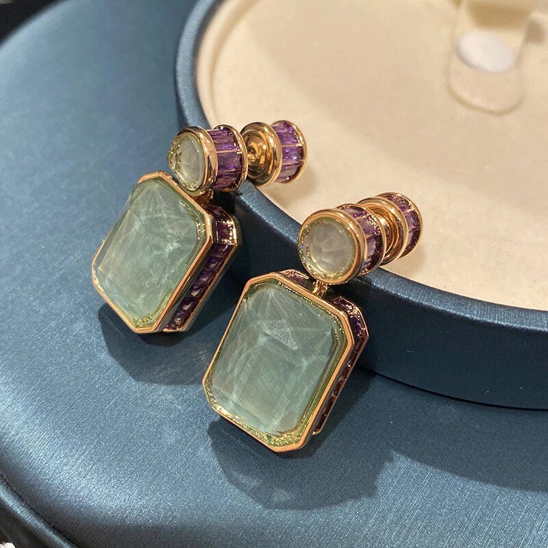High Quality Large Luxury Green Jade Earring, Natural Chalcedony Rectangle / Water Drop Earrings, Vintage Gem Stone with Purple CZ Diamond