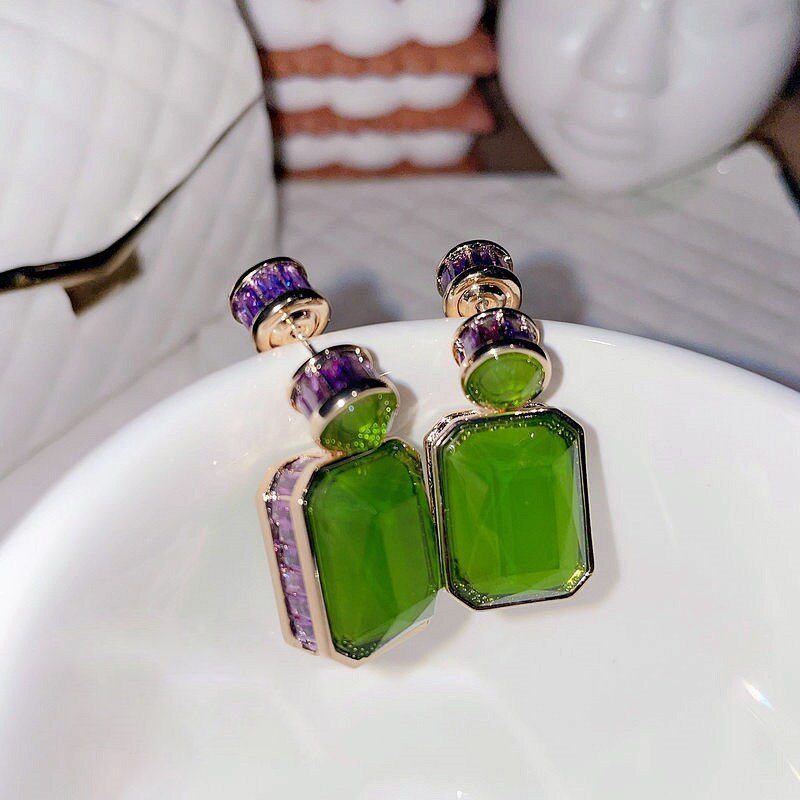High Quality Large Luxury Green Jade Earring, Natural Chalcedony Rectangle / Water Drop Earrings, Vintage Gem Stone with Purple CZ Diamond