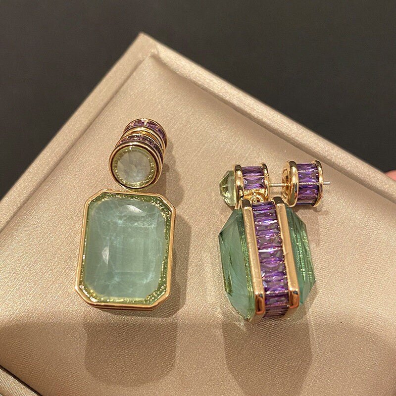 High Quality Large Luxury Green Jade Earring, Natural Chalcedony Rectangle / Water Drop Earrings, Vintage Gem Stone with Purple CZ Diamond
