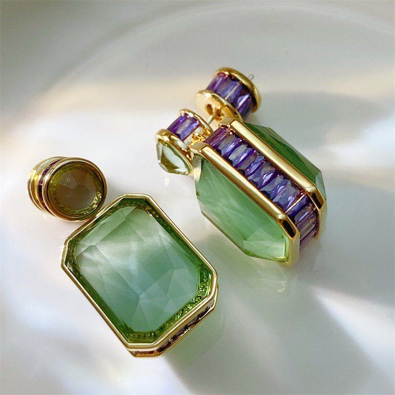 High Quality Large Luxury Green Jade Earring, Natural Chalcedony Rectangle / Water Drop Earrings, Vintage Gem Stone with Purple CZ Diamond