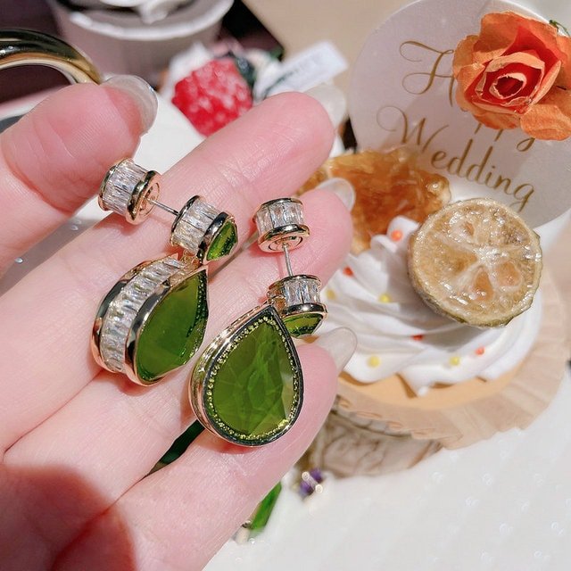 High Quality Large Luxury Green Jade Earring, Natural Chalcedony Rectangle / Water Drop Earrings, Vintage Gem Stone with Purple CZ Diamond