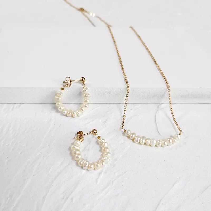 Pearl Row Necklace, Fresh Water Pearl Necklace Earrings set, Natural Pearl Hoop Earrings, Bridal Necklace, Dainty Pearl Bridesmaids Necklace