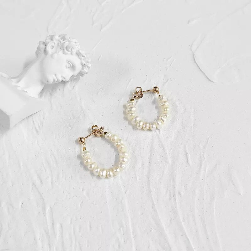 Pearl Row Necklace, Fresh Water Pearl Necklace Earrings set, Natural Pearl Hoop Earrings, Bridal Necklace, Dainty Pearl Bridesmaids Necklace