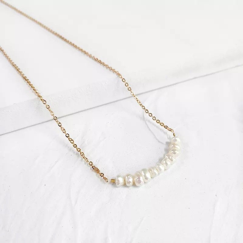 Pearl Row Necklace, Fresh Water Pearl Necklace Earrings set, Natural Pearl Hoop Earrings, Bridal Necklace, Dainty Pearl Bridesmaids Necklace
