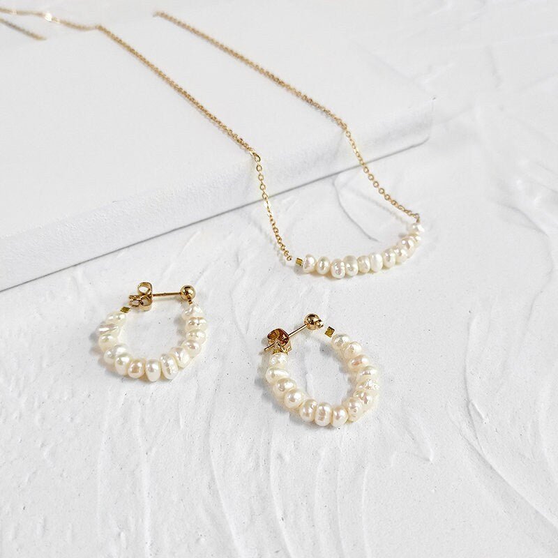Pearl Row Necklace, Fresh Water Pearl Necklace Earrings set, Natural Pearl Hoop Earrings, Bridal Necklace, Dainty Pearl Bridesmaids Necklace