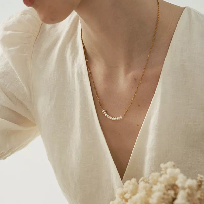 Pearl Row Necklace, Fresh Water Pearl Necklace Earrings set, Natural Pearl Hoop Earrings, Bridal Necklace, Dainty Pearl Bridesmaids Necklace