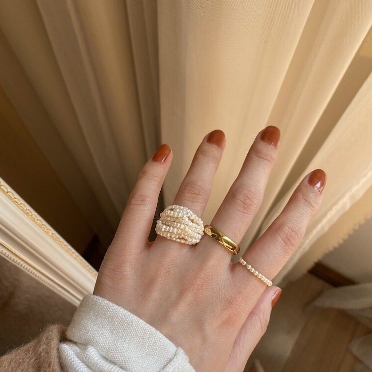 Mini Pearls Stretch Ring, Small Pearls Ring with 14k Gold Filled Bead, 2mm Round Pearl Ring, Stackable Pearl Ring, Adjustable Pearl Ring,