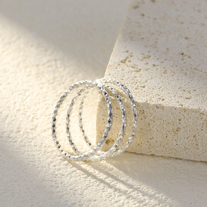 Solid Sterling Silver Ring, Sparkle Silver Ring, Thin Stackable Ring, Stacking Ring, S999 Sterling Silver Ring, Triangle Texture Silver Ring
