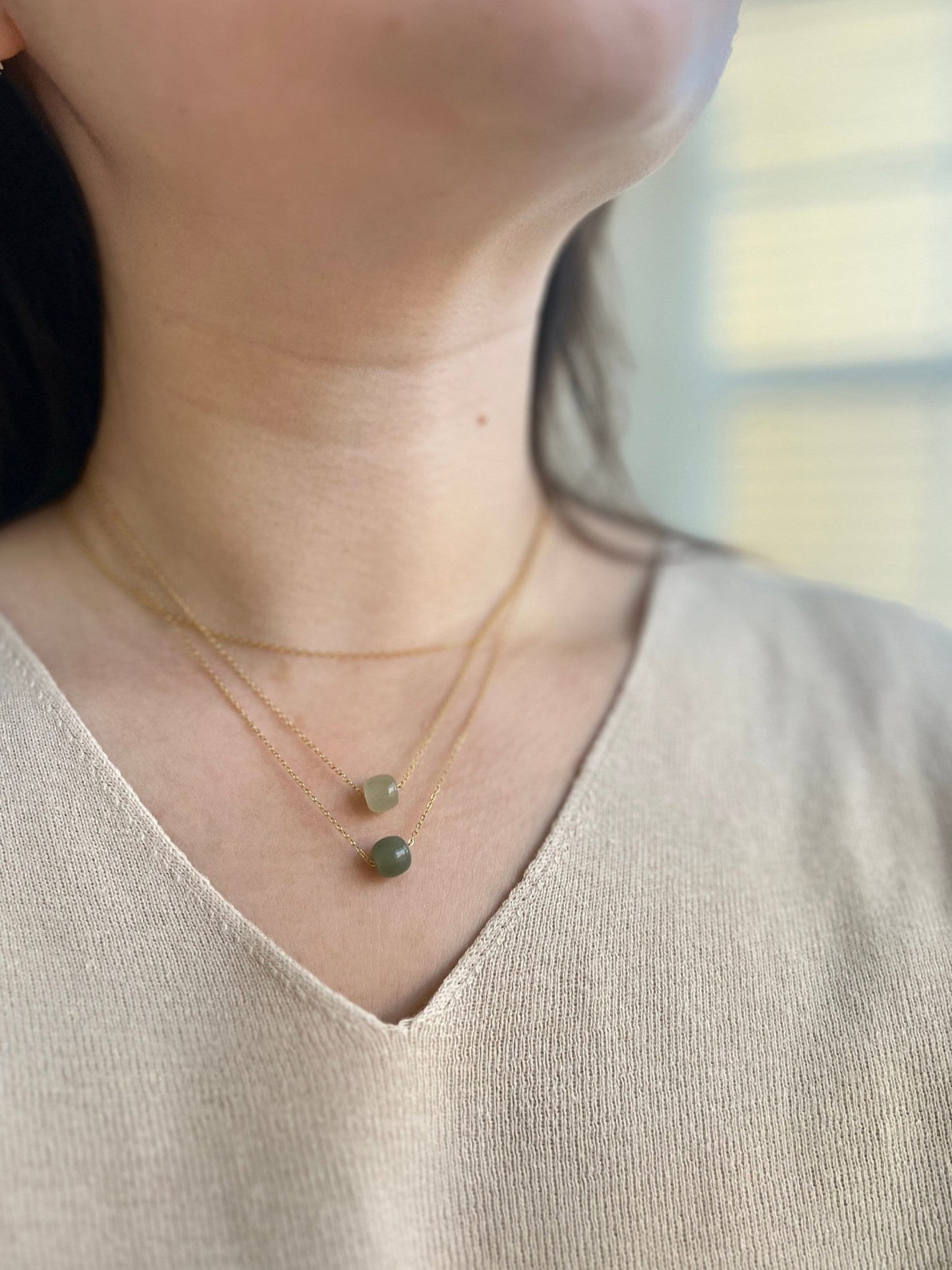 Minimalist Natural Hetian Jade Necklace, 1 Bead Dainty Choker, Dainty Jade Necklace, Nephrite Necklace, 3 Beads Necklace, Light Green Jade