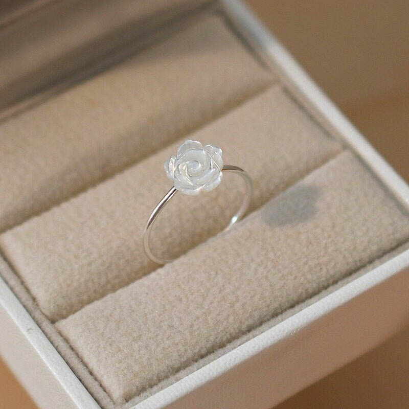 Natural Mother of Pearl Carved Rose Ring - S925 Silver Vintage Ring, Adjustable Sterling Silver Ring, Big Small Shell Flower Plant Ring