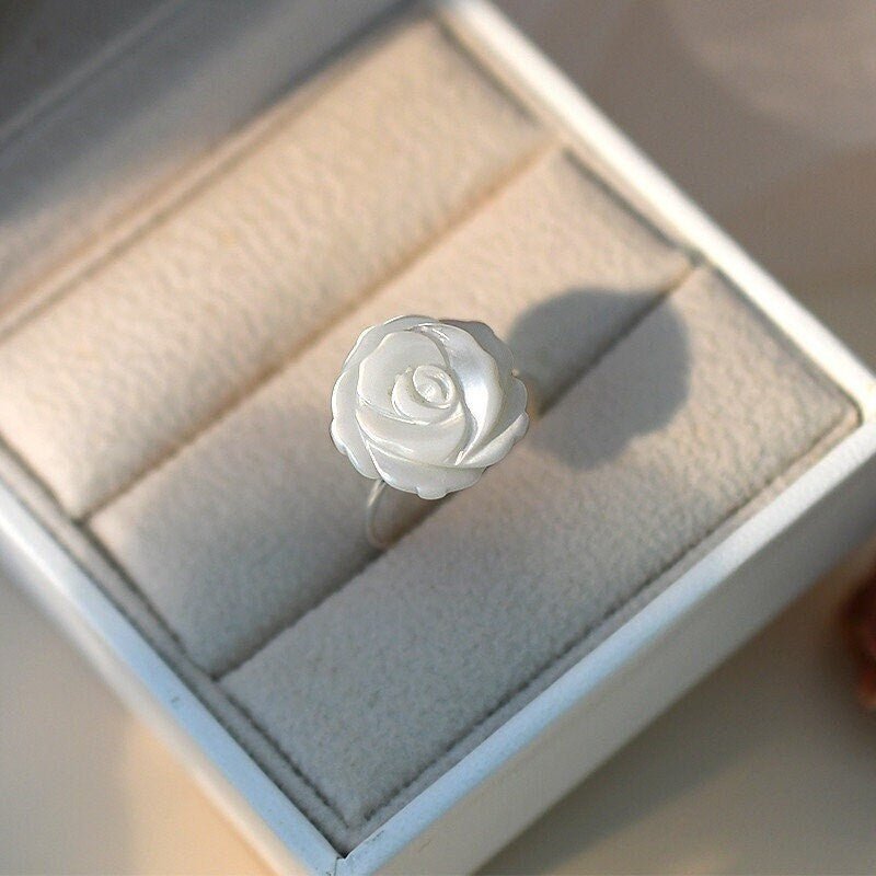 Natural Mother of Pearl Carved Rose Ring - S925 Silver Vintage Ring, Adjustable Sterling Silver Ring, Big Small Shell Flower Plant Ring