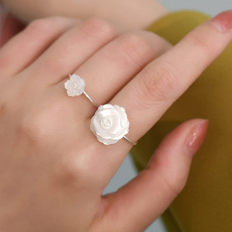 Natural Mother of Pearl Carved Rose Ring - S925 Silver Vintage Ring, Adjustable Sterling Silver Ring, Big Small Shell Flower Plant Ring
