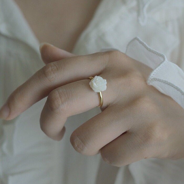 Natural Mother of Pearl Carved Rose Ring - S925 Silver Vintage Ring, Adjustable Sterling Silver Ring, Big Small Shell Flower Plant Ring