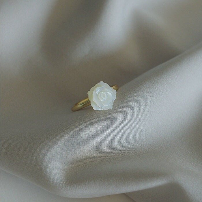 Natural Mother of Pearl Carved Rose Ring - S925 Silver Vintage Ring, Adjustable Sterling Silver Ring, Big Small Shell Flower Plant Ring