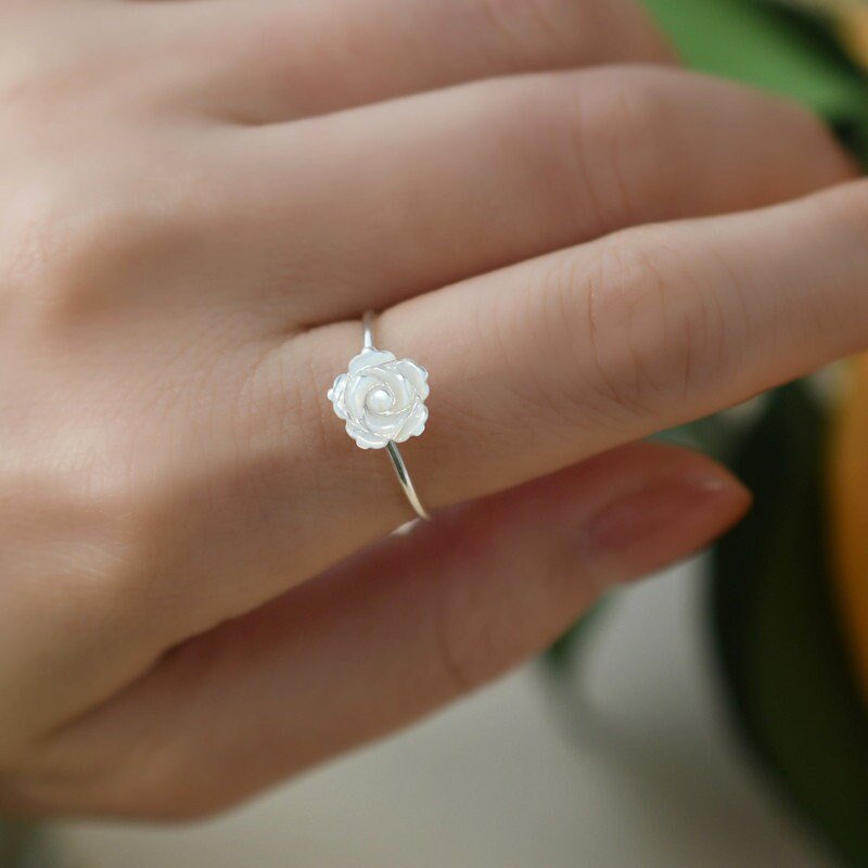 Natural Mother of Pearl Carved Rose Ring - S925 Silver Vintage Ring, Adjustable Sterling Silver Ring, Big Small Shell Flower Plant Ring