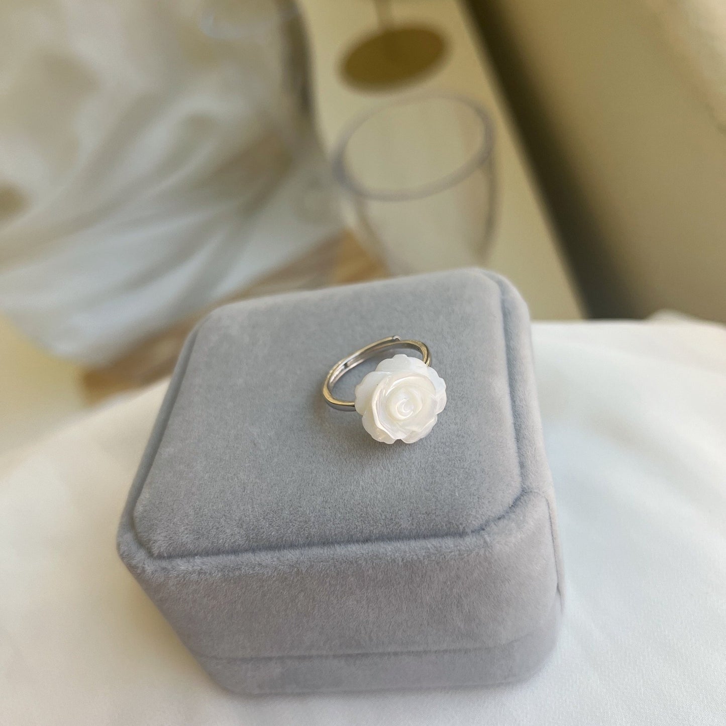 Natural Mother of Pearl Carved Rose Ring - S925 Silver Vintage Ring, Adjustable Sterling Silver Ring, Big Small Shell Flower Plant Ring