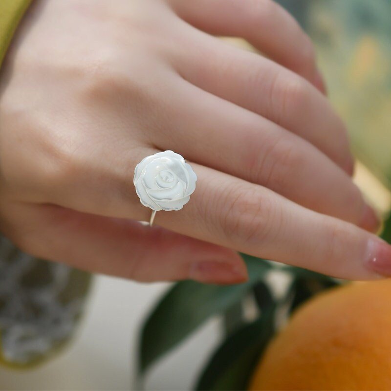 Natural Mother of Pearl Carved Rose Ring - S925 Silver Vintage Ring, Adjustable Sterling Silver Ring, Big Small Shell Flower Plant Ring