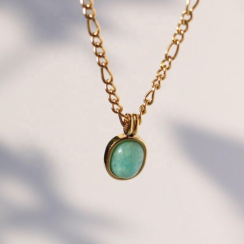 Natural Green Amazonite Figaro Chain Necklace, Oval shape Gemstone Pendant with 18k Gold Plated Stainless Steel Classic Chain, Gift for Her