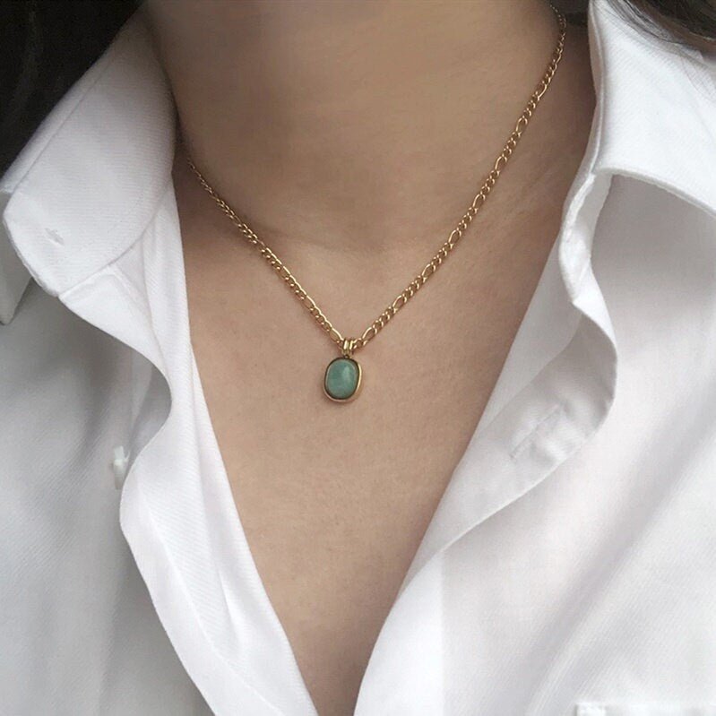 Natural Green Amazonite Figaro Chain Necklace, Oval shape Gemstone Pendant with 18k Gold Plated Stainless Steel Classic Chain, Gift for Her
