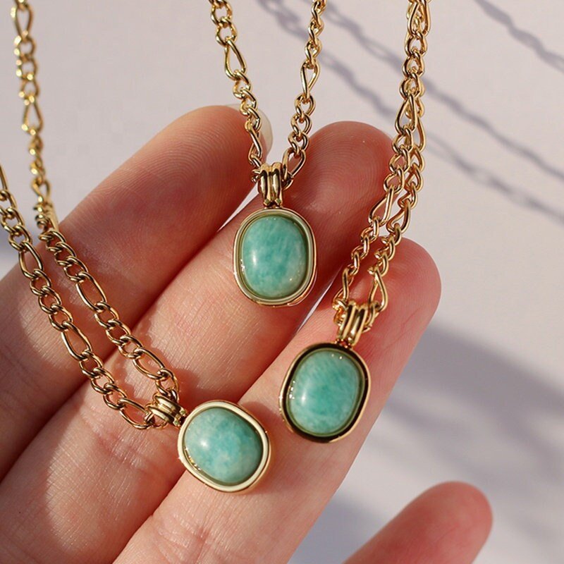 Natural Green Amazonite Figaro Chain Necklace, Oval shape Gemstone Pendant with 18k Gold Plated Stainless Steel Classic Chain, Gift for Her