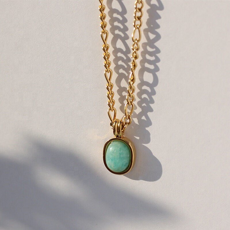 Natural Green Amazonite Figaro Chain Necklace, Oval shape Gemstone Pendant with 18k Gold Plated Stainless Steel Classic Chain, Gift for Her