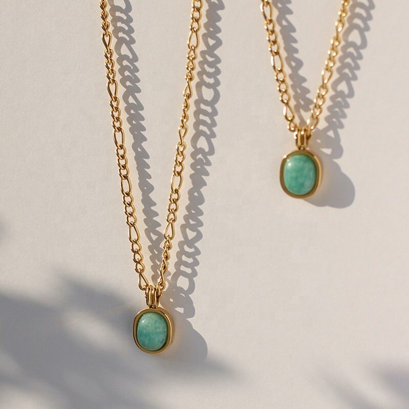 Natural Green Amazonite Figaro Chain Necklace, Oval shape Gemstone Pendant with 18k Gold Plated Stainless Steel Classic Chain, Gift for Her