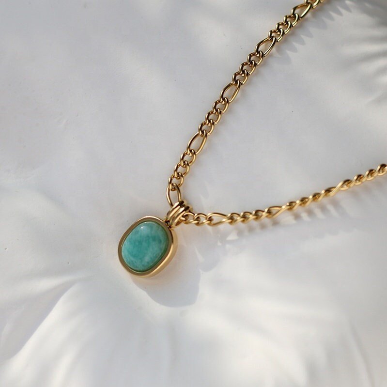 Natural Green Amazonite Figaro Chain Necklace, Oval shape Gemstone Pendant with 18k Gold Plated Stainless Steel Classic Chain, Gift for Her