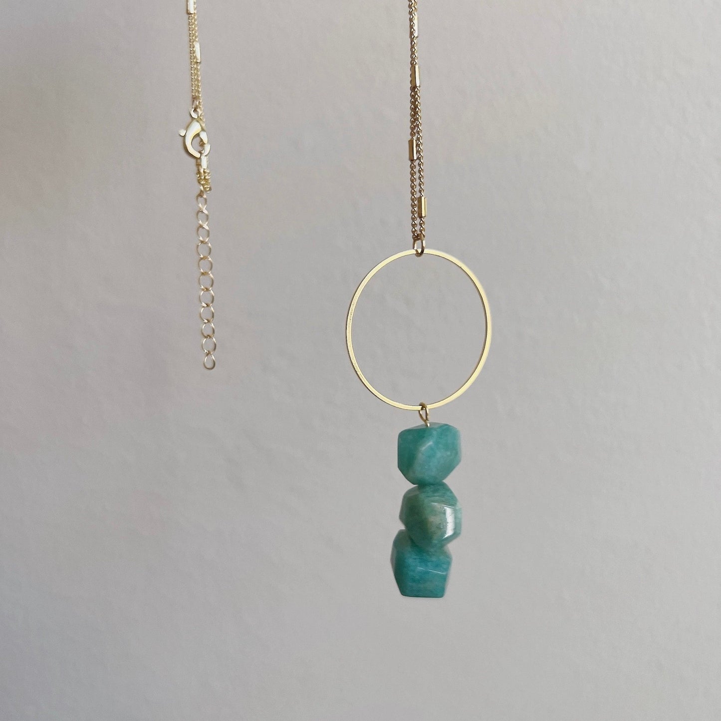 Faced Natural Amazonite Necklace, 3 Green Natural Stone with 1 big hoop Pendant Necklace, Boho Style 32+2 Inch Long Chain Necklace