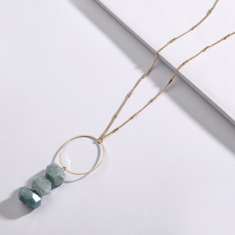 Faced Natural Amazonite Necklace, 3 Green Natural Stone with 1 big hoop Pendant Necklace, Boho Style 32+2 Inch Long Chain Necklace