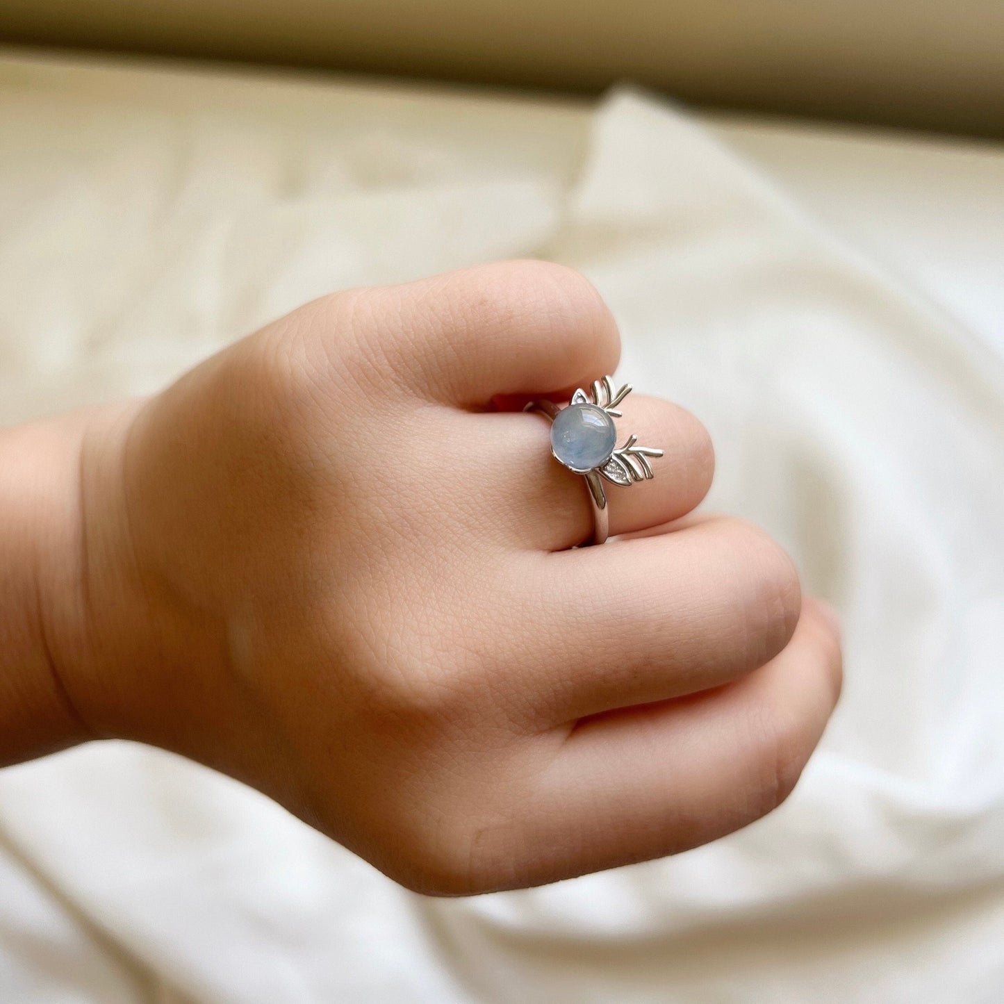 Natural Aquamarine Deer Horn Ring, Light Blue Gemstone Antler Adjustable Ring, Cute Buckhorn Ring, Blue Crystal Ring