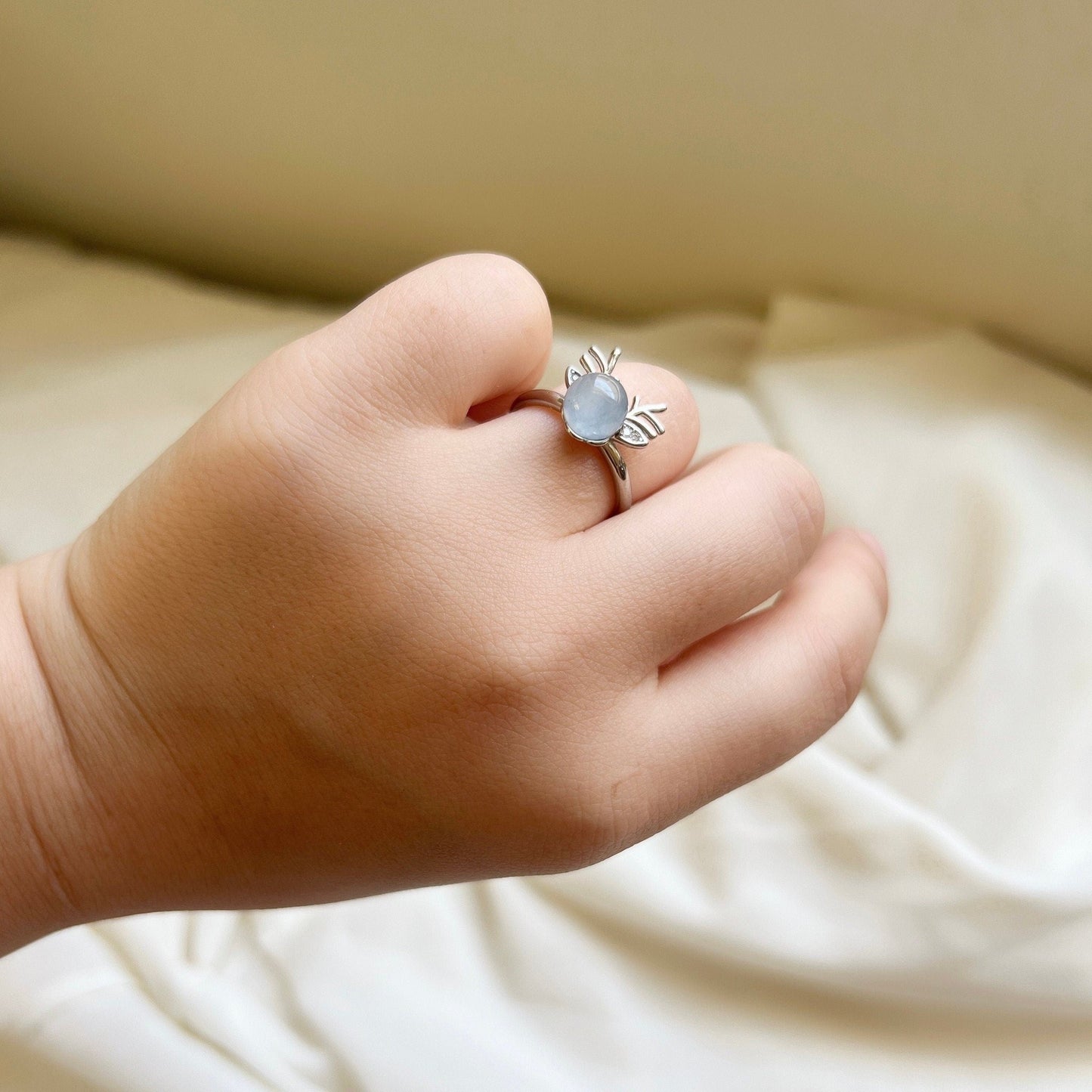 Natural Aquamarine Deer Horn Ring, Light Blue Gemstone Antler Adjustable Ring, Cute Buckhorn Ring, Blue Crystal Ring