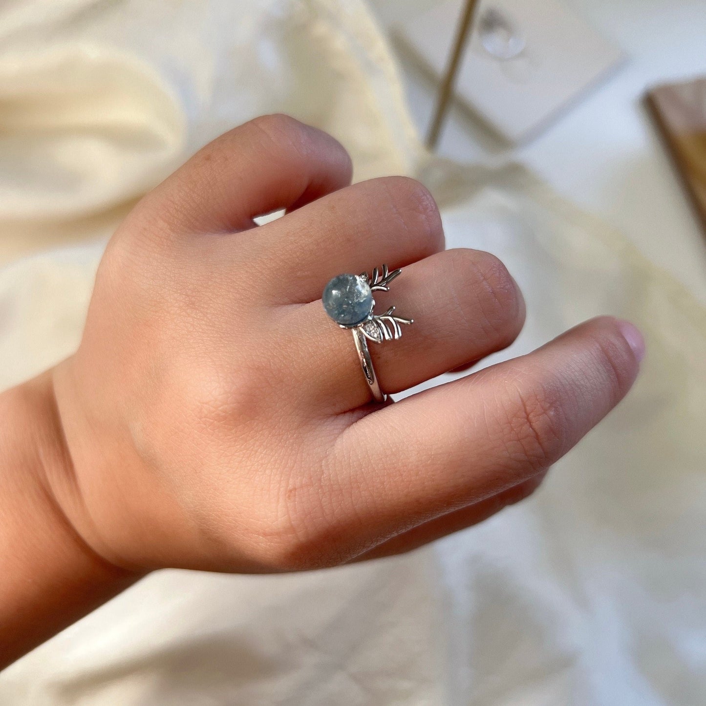 Natural Aquamarine Deer Horn Ring, Light Blue Gemstone Antler Adjustable Ring, Cute Buckhorn Ring, Blue Crystal Ring
