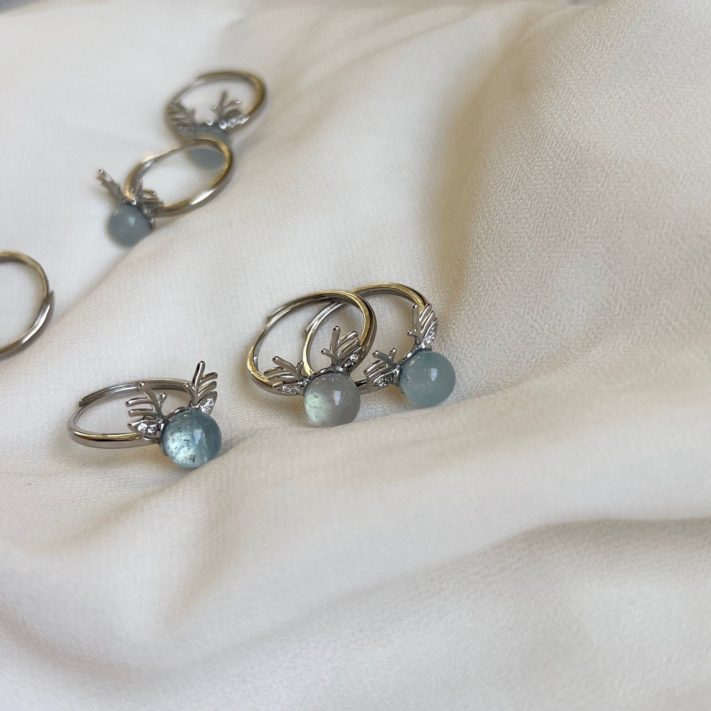 Natural Aquamarine Deer Horn Ring, Light Blue Gemstone Antler Adjustable Ring, Cute Buckhorn Ring, Blue Crystal Ring