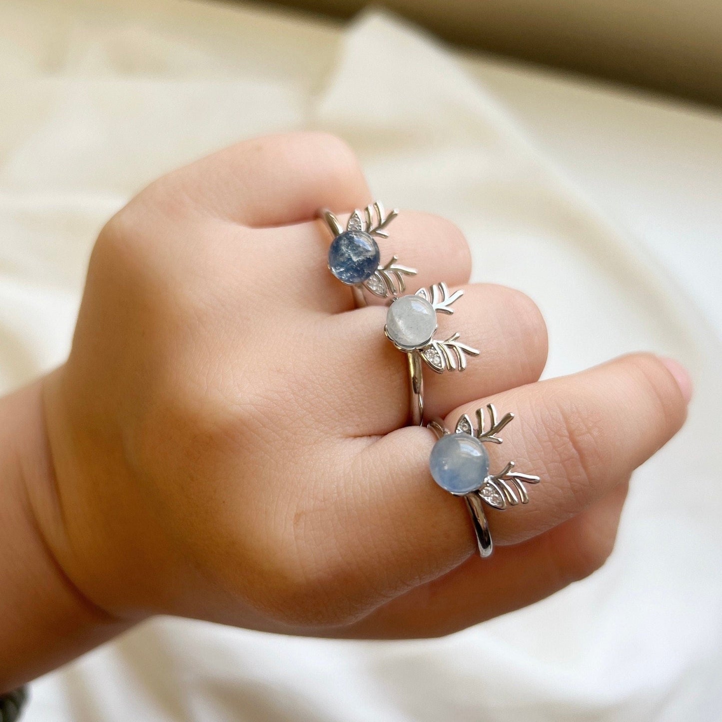 Natural Aquamarine Deer Horn Ring, Light Blue Gemstone Antler Adjustable Ring, Cute Buckhorn Ring, Blue Crystal Ring