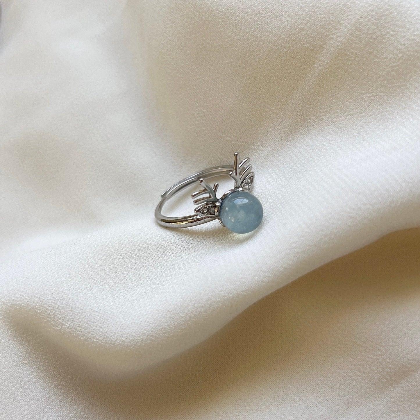 Natural Aquamarine Deer Horn Ring, Light Blue Gemstone Antler Adjustable Ring, Cute Buckhorn Ring, Blue Crystal Ring