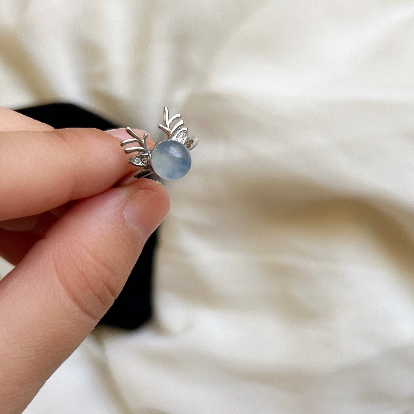 Natural Aquamarine Deer Horn Ring, Light Blue Gemstone Antler Adjustable Ring, Cute Buckhorn Ring, Blue Crystal Ring