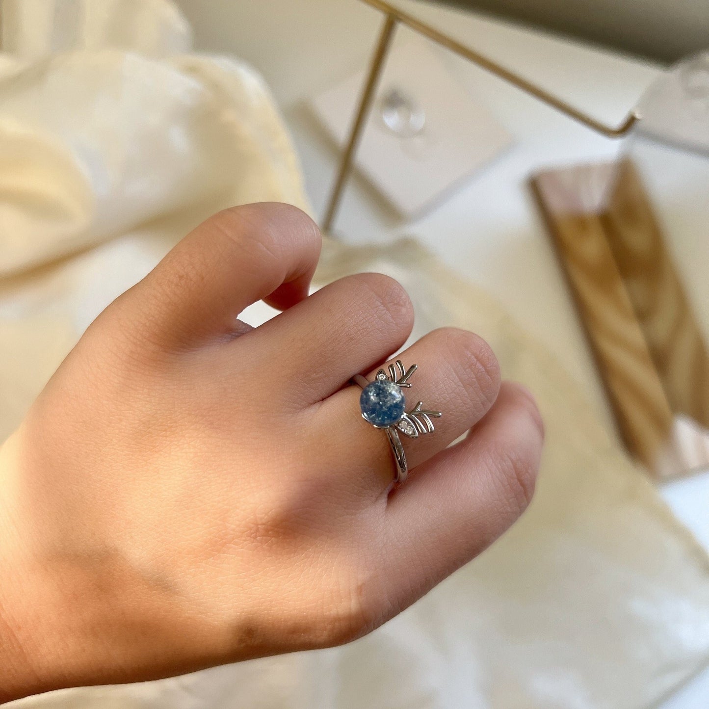 Natural Aquamarine Deer Horn Ring, Light Blue Gemstone Antler Adjustable Ring, Cute Buckhorn Ring, Blue Crystal Ring