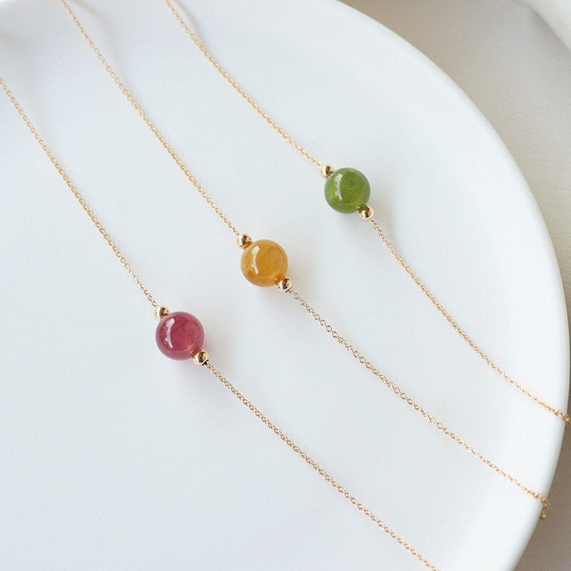 7mm Natural Crystal Bracelet, Pink Yellow Green Crystal Single Bead Gold Bracelet, Lucky Tourmaline Bracelet with 4mm Mini Crystal Charm