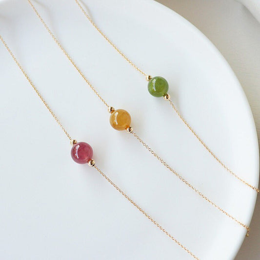 7mm Natural Crystal Bracelet, Pink Yellow Green Crystal Single Bead Gold Bracelet, Lucky Tourmaline Bracelet with 4mm Mini Crystal Charm
