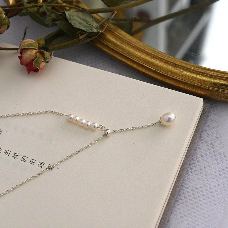 Natural Freshwater Pearl Necklace, Silver Pearl Y Necklace, Dainty Pearl Necklace, Bridal Necklace, Bridesmaids Necklace, Wedding Lariat
