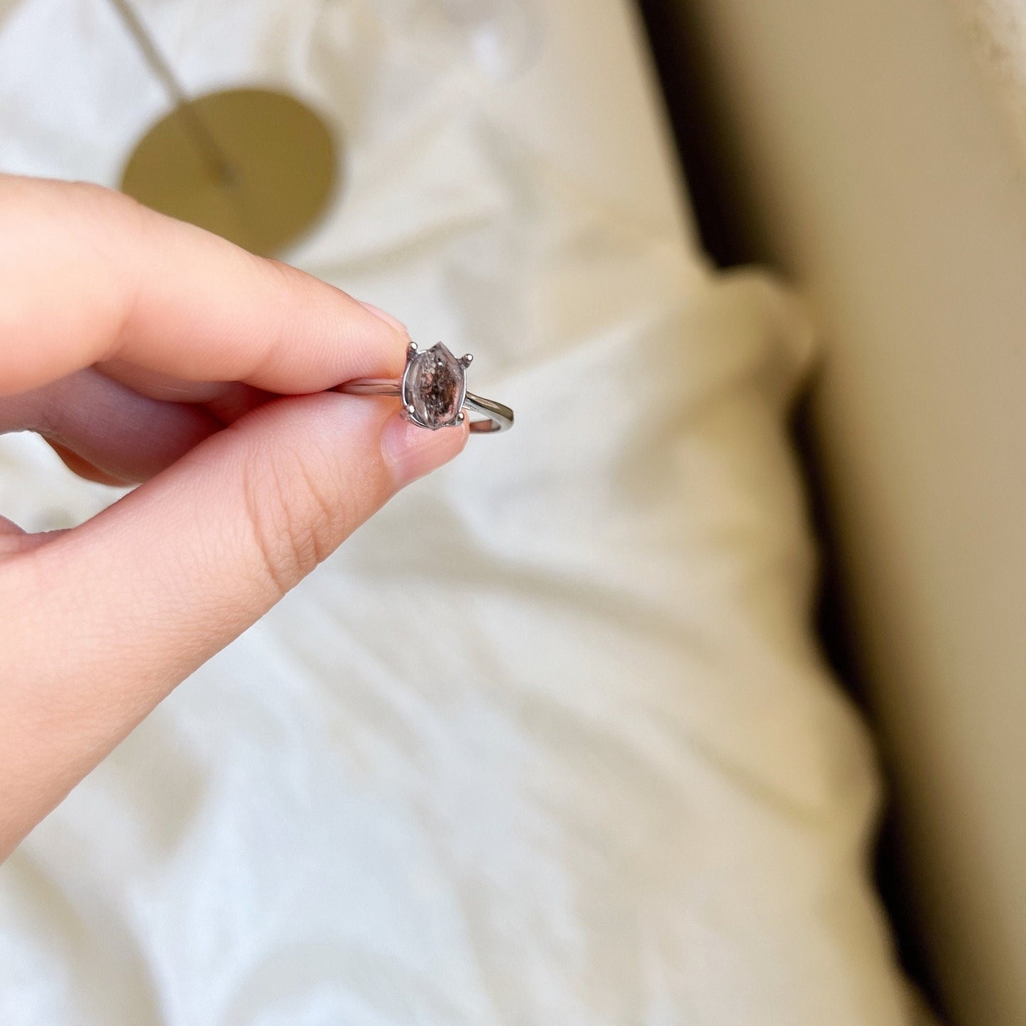 HERKIMER Diamond Ring, Boho Style Natural Gemstone Crystal Ring, Adjustable Copper Ring, Irregular Small White Crystal, Healing Crystal