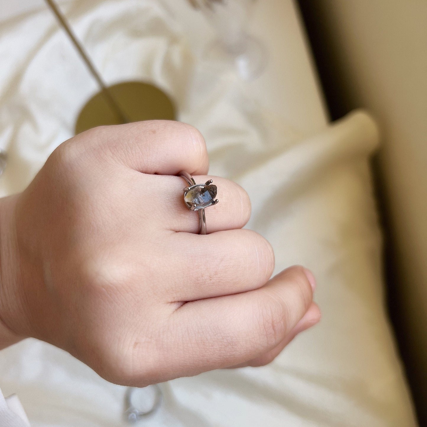 HERKIMER Diamond Ring, Boho Style Natural Gemstone Crystal Ring, Adjustable Copper Ring, Irregular Small White Crystal, Healing Crystal