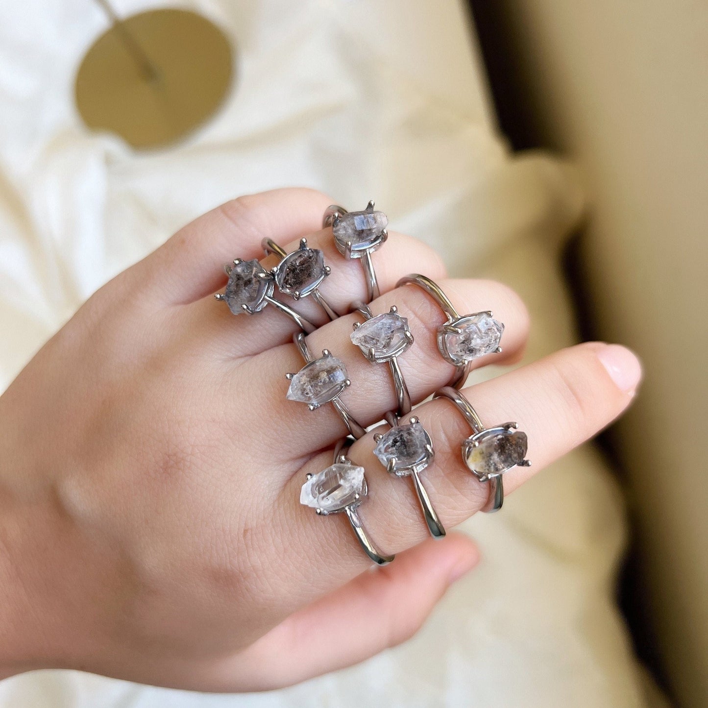 HERKIMER Diamond Ring, Boho Style Natural Gemstone Crystal Ring, Adjustable Copper Ring, Irregular Small White Crystal, Healing Crystal