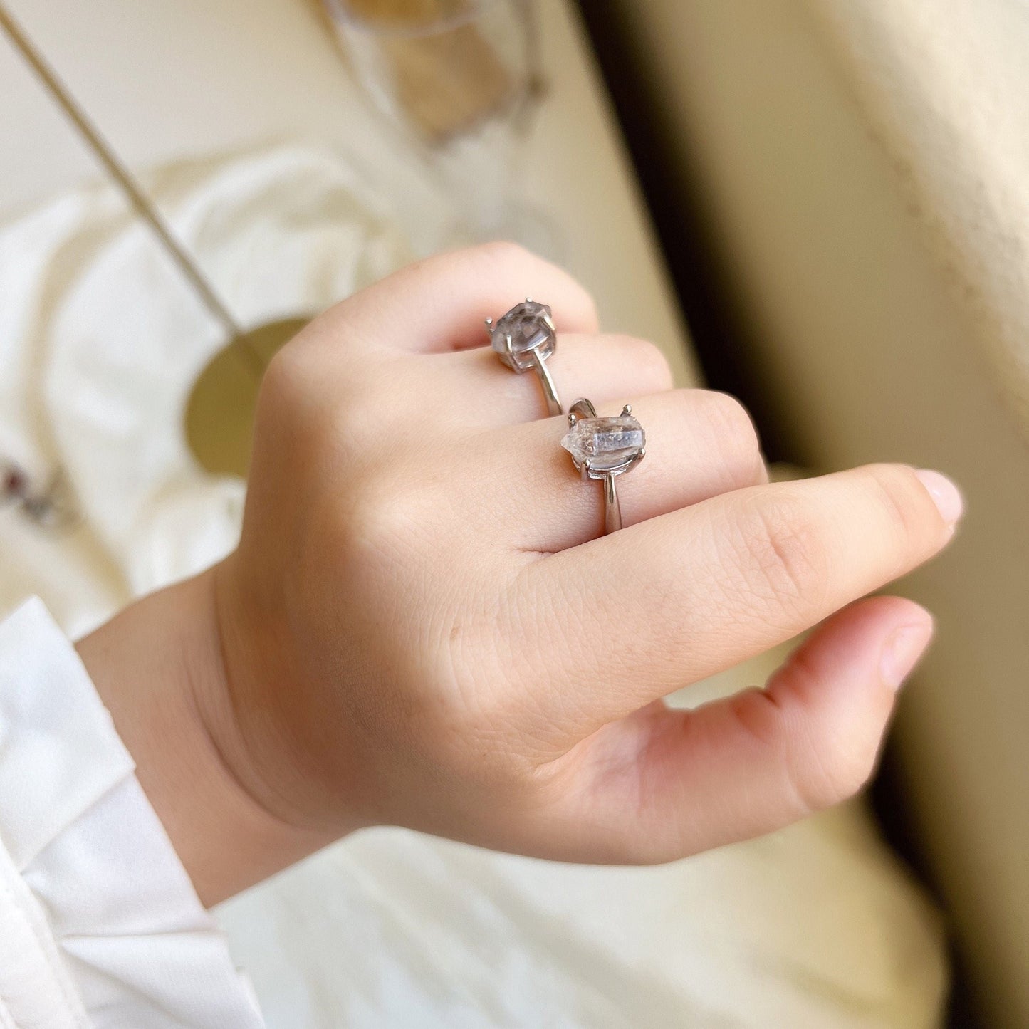 HERKIMER Diamond Ring, Boho Style Natural Gemstone Crystal Ring, Adjustable Copper Ring, Irregular Small White Crystal, Healing Crystal