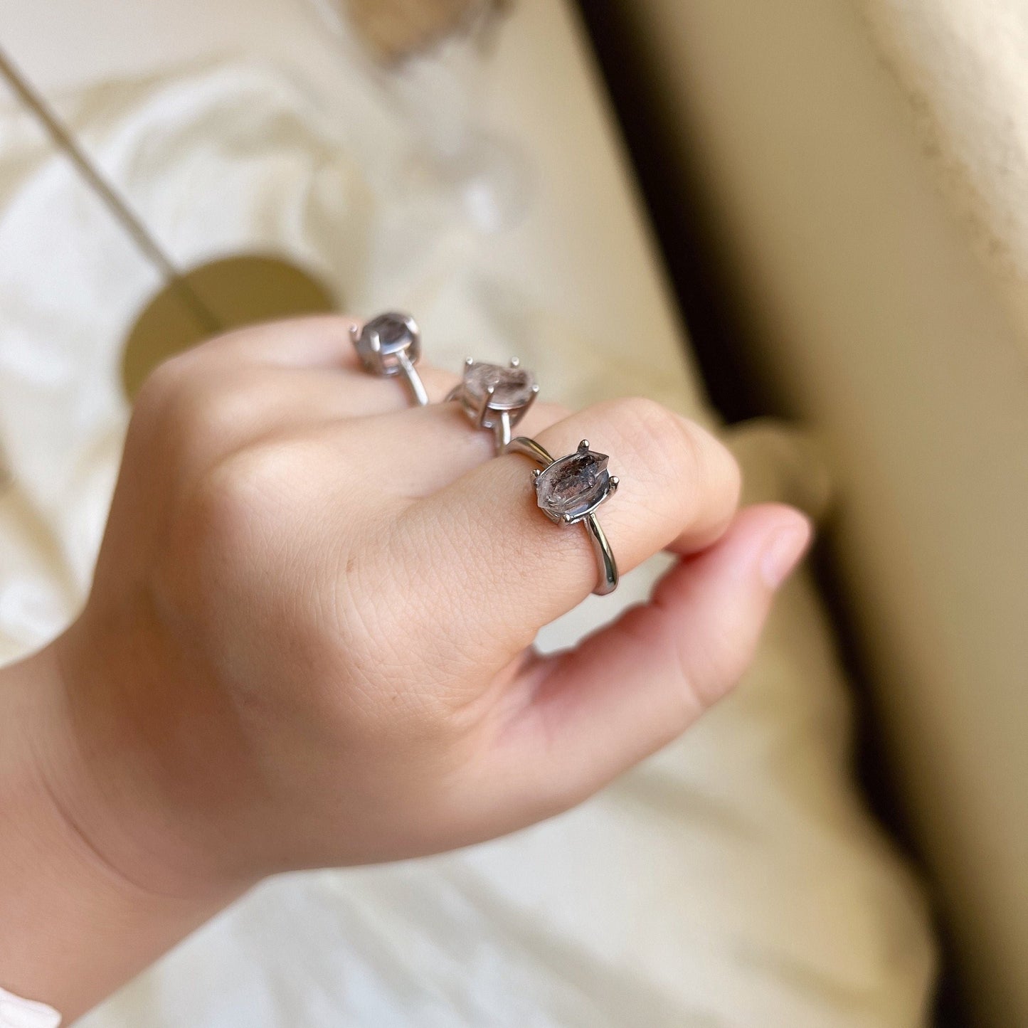 HERKIMER Diamond Ring, Boho Style Natural Gemstone Crystal Ring, Adjustable Copper Ring, Irregular Small White Crystal, Healing Crystal