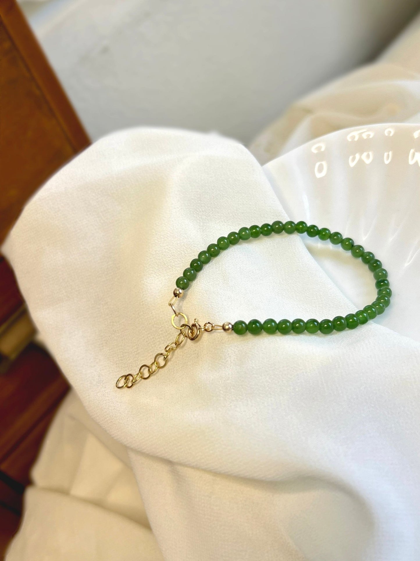 Small Jade Beaded Bracelets with 14K Gold Filled Chain, Genuine Nephrite Bracelet, Tiny Jade Beads Bracelet, Apple Green Natural Hetian Jade