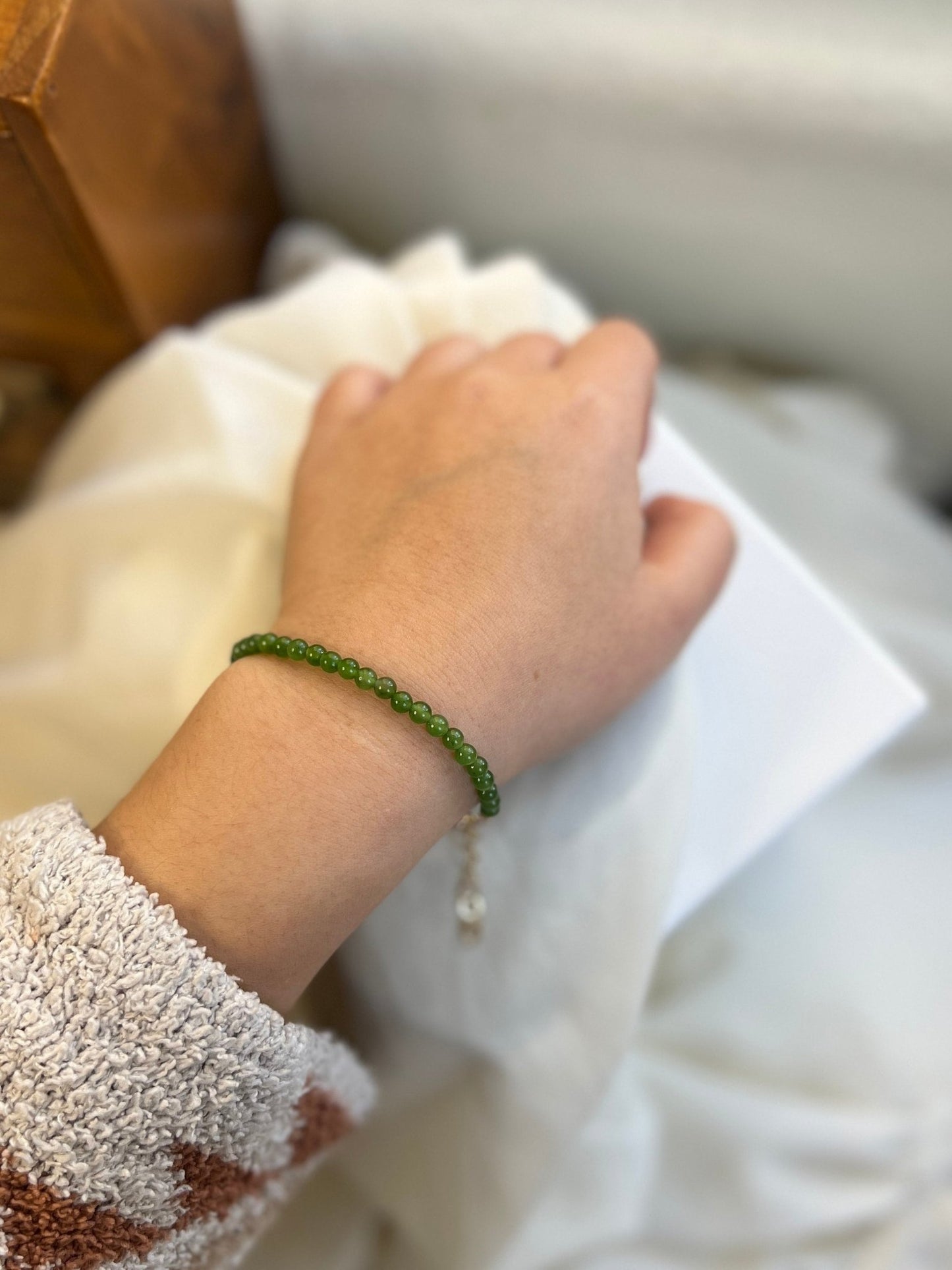 Small Jade Beaded Bracelets with 14K Gold Filled Chain, Genuine Nephrite Bracelet, Tiny Jade Beads Bracelet, Apple Green Natural Hetian Jade 1